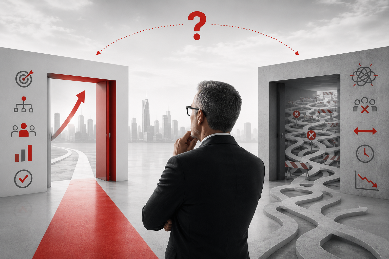 A leader at a decision point between a clear structured path and a chaotic, obstacle-filled path