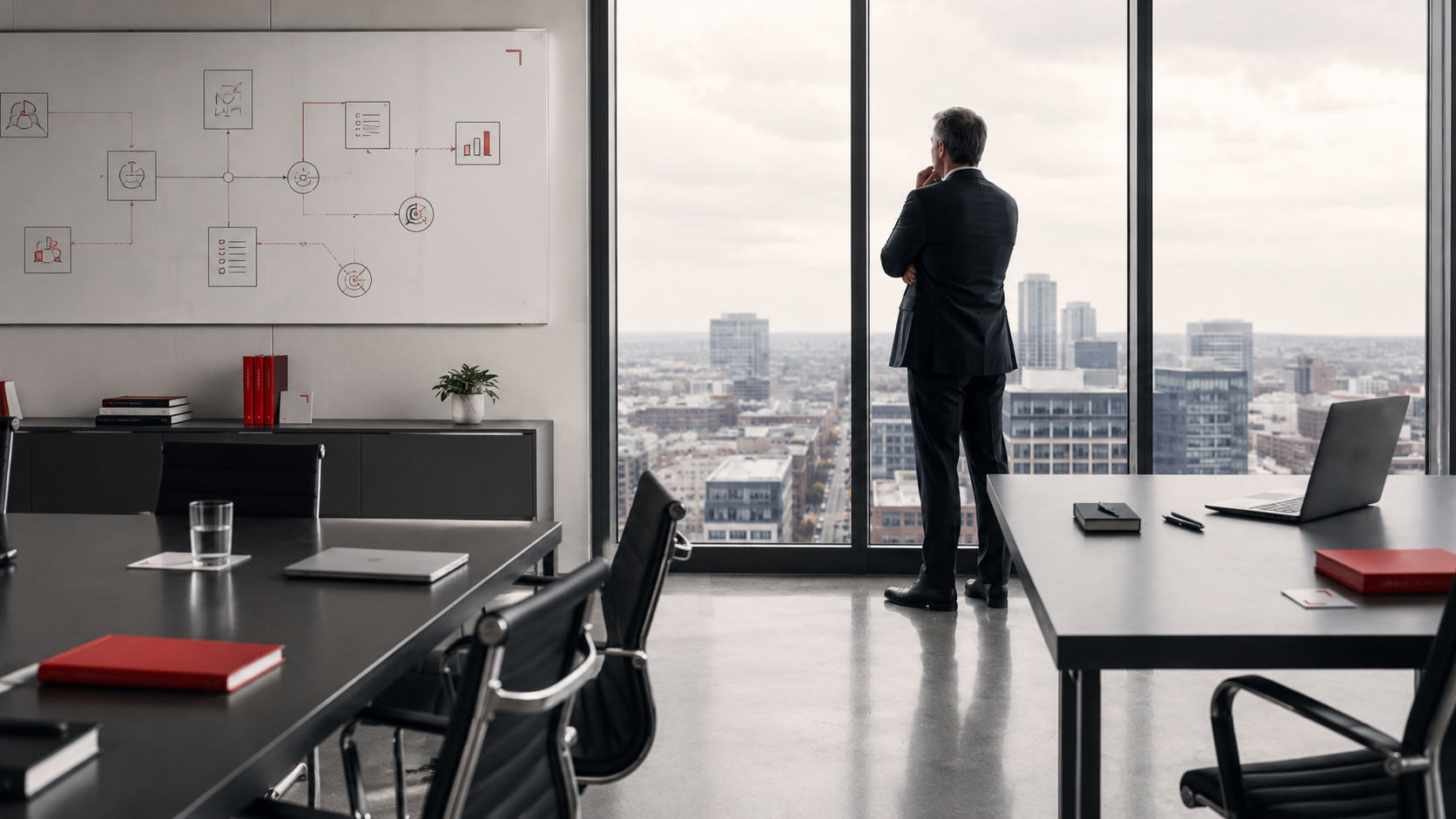 An executive looking out over the city skyline from a boardroom, with a structural process diagram on the whiteboard beside him