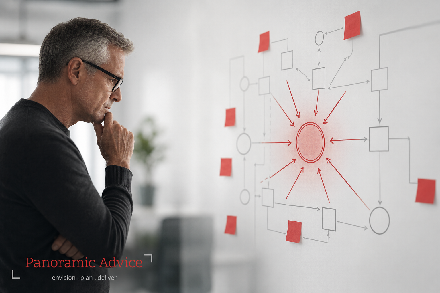 A leader tracing a complex process map to find the single structural node where intervention should start